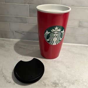 Starbucks classic Red green ceramic Tumbler with Lid. Travel mug. EUC!